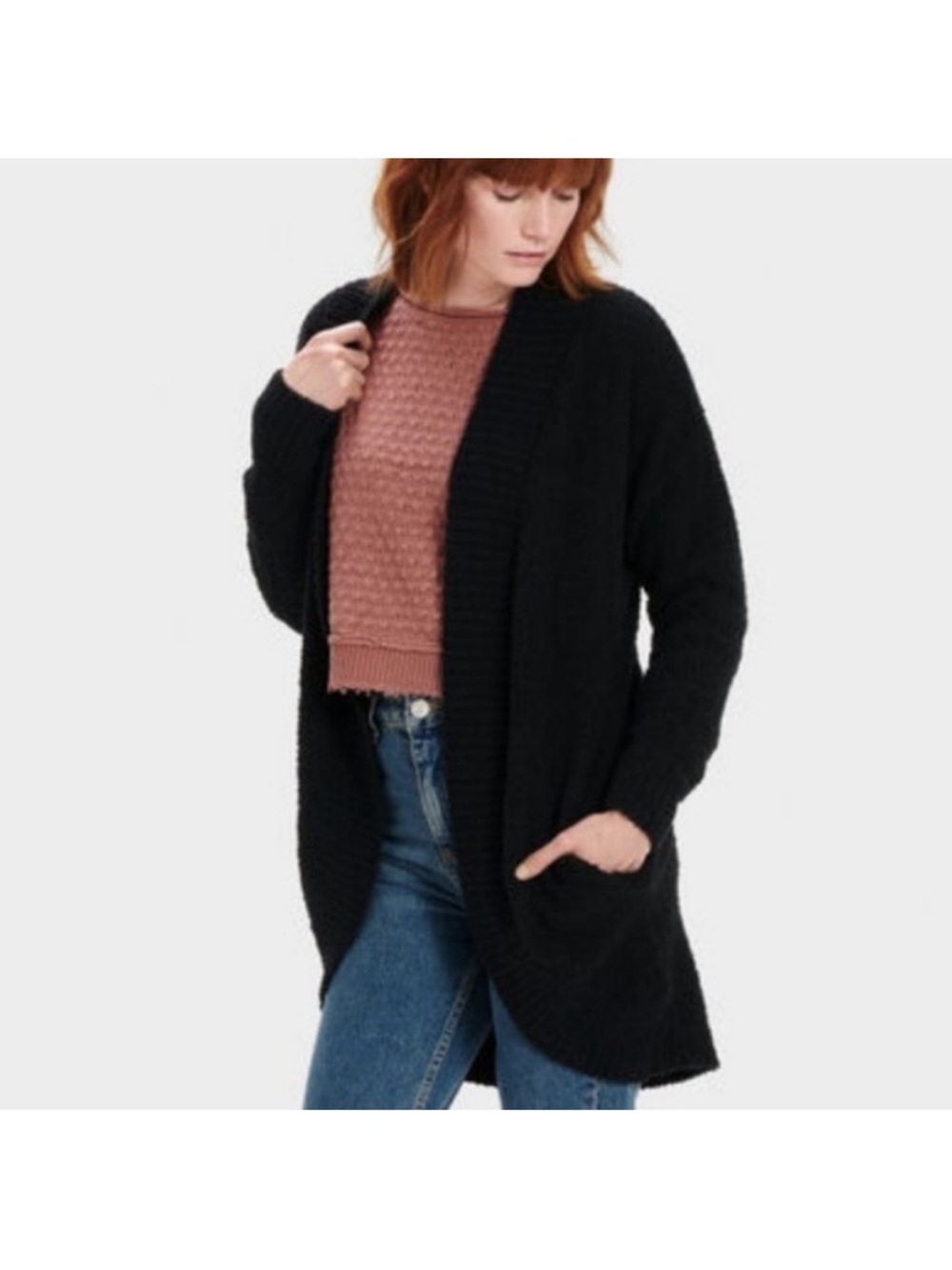 UGG Fremont Black Open-Front Long Cardigan with Pockets Fluffy Medium